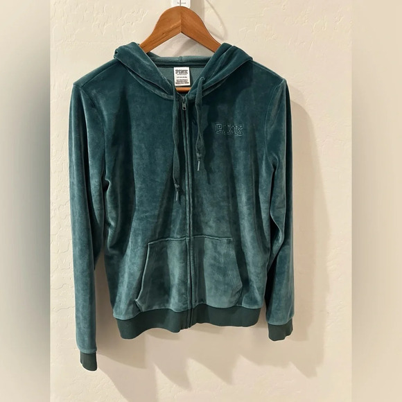 PINK- green velvet zip sweater size small - Picture 1 of 4